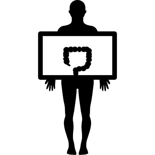 Standing man holding a large intestines image holding body parts medical icon