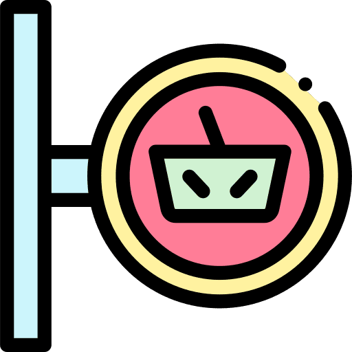 Grocery store signboard signaling shopping basket icon