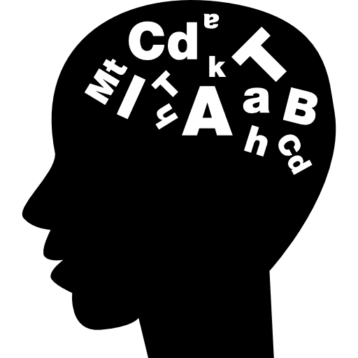 Bald male head side view with letters inside thinking person science icon