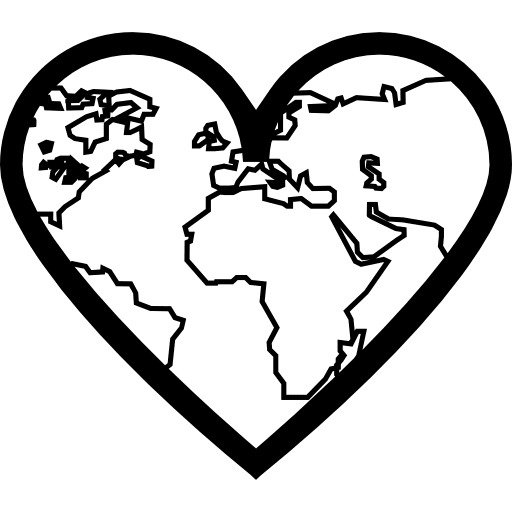 Heart with thin earth continents outlines inside thin map earth icon