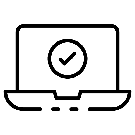 Laptop screen information system tick checked icon