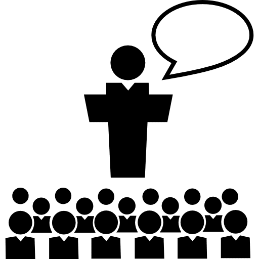 Big group of small students with giant professor in front of the class talking teacher professor education icon