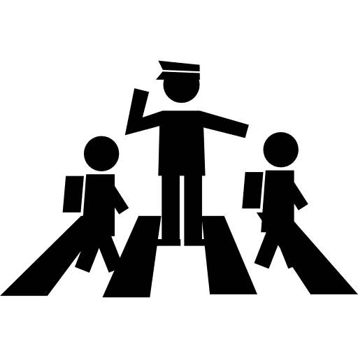 Students crossing street with a traffic guard crossing pedestrian crossing crosswalk icon