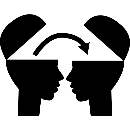 Two heads with information transference learning information sharing icon