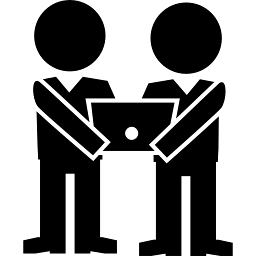 Two males holding a computer man males standing icon