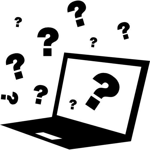 Quiz on computer with question signs around questions laptop signs icon