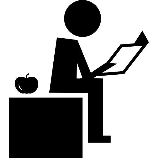 Teacher reading sitting on his desktop with an apple on his right teaching desk sitting icon