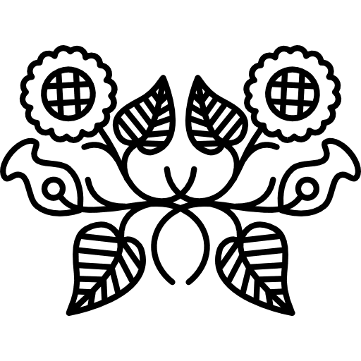 Two opened flowers with a couple of buds surrounded by leaves on vines vines floral design ornamental icon